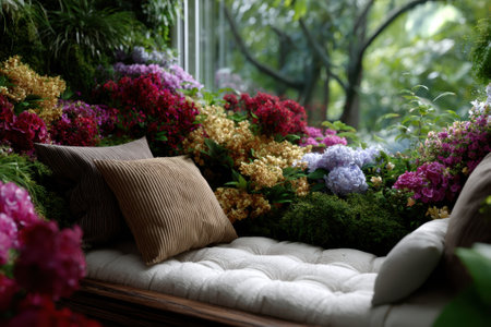 A tranquil spot with a plush sofa bordered by colorful flowers and greenery, inviting relaxation.の写真素材