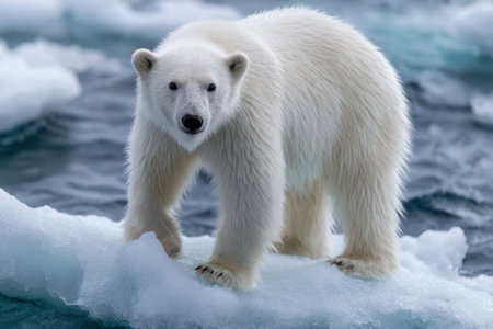 Polar bear explores the icy landscape of the Arctic Ocean, showing its thick white fur under bright sunlight.の写真素材