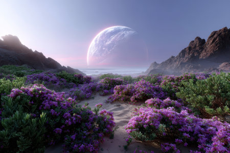 A breathtaking scene showcases colorful flowers on the rocky shore, illuminated by a giant celestial body overhead.の写真素材