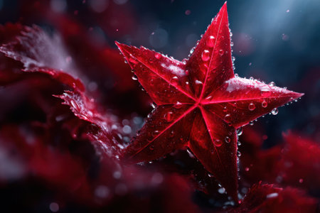 A vibrant red leaf sparkles with droplets against a blurred dark backdrop, highlighting its beauty.の写真素材