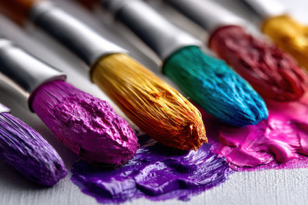 Bright paint brushes display a rainbow of colors, bringing life to an art creation process.の写真素材