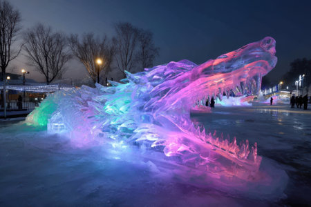 A vibrant ice dragon sculpture illuminated by lights attracts visitors at a winter festival in the evening.の写真素材