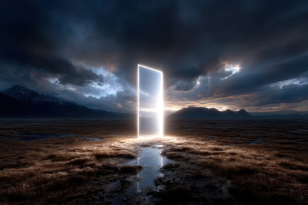 A surreal doorway emits bright light in a vast field under cloudy twilight skies, creating a captivating sight.の写真素材