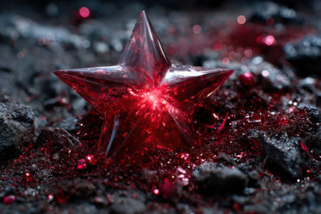 A bright red star-shaped object rests on a dark surface, encircled by sparkling red crystals, creating magic.の写真素材