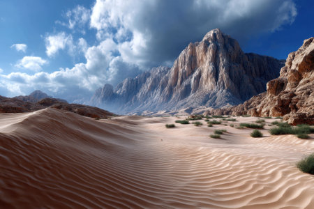 Rolling sand dunes stretch across the desert, framed by towering mountains and a vibrant sky filled with clouds.の写真素材