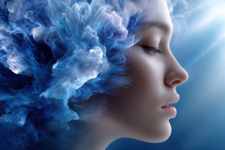 A woman gazes peacefully as vibrant blue clouds encircle her head, showing artistic imagination and depth.の写真素材