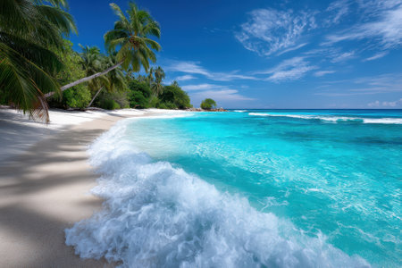 Gentle waves lapping on a sandy shore surrounded by lush greenery and bright blue sky on a sunny day.の写真素材