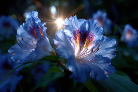 Beautiful blue flowers bloom in a tranquil garden as sunlight shines through their petals, creating an enchanting view.の写真素材