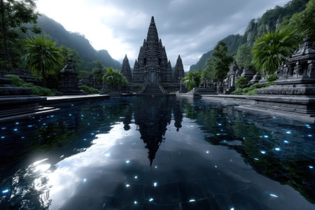 Reflecting on calm water, a grand temple stands amid verdant mountains under an evening sky.の写真素材