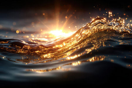 Sunlight sparkles on the surface of ocean waves at dawn, creating a dazzling golden display over the water.の写真素材