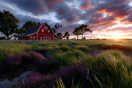A colorful sunset lights up a red barn and windmill, surrounded by tall grass and flowers in a peaceful scene.の写真素材