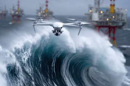 A drone navigates the turbulent waters, capturing the intensity of waves by offshore oil rigs at sea.の写真素材