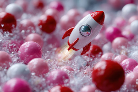 A small red and white rocket is taking off surrounded by colorful spheres on a playful surface.の写真素材