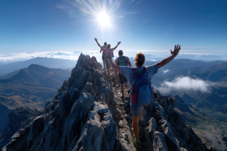 Group of hikers joyfully celebrating at the mountain peak during midday with expansive views around.の写真素材
