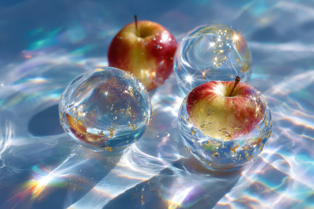 Four shiny apples and crystal-like spheres rest in shimmering water, showing bright reflections and textures.の写真素材