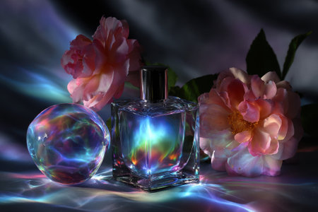 A glass perfume bottle and orb reflect colorful light alongside pink roses in a dark environment.の写真素材