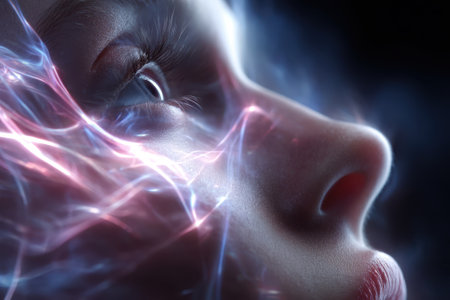 A close-up view captures the human face with vivid electric energy patterns at play, showcasing artistry.の写真素材