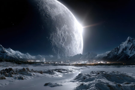 A vast snowy landscape stretches out under a glowing moon, illuminating distant mountains.の写真素材