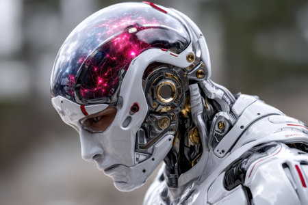 A cyborg examines a high-tech landscape, showing advanced technology and intricate designs.の写真素材
