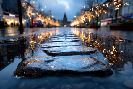 Wet cobblestones reflect colorful festive lights in a lively city street during early evening after rain.の写真素材