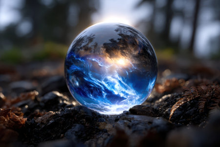 A crystal orb reflects the twilight sky amid a lush forest, showing vibrant colors and textures.の写真素材