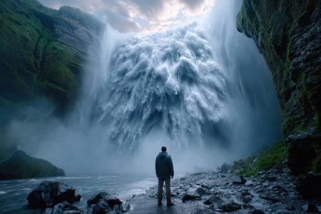 A person stands near a powerful waterfall, surrounded by rocky terrain and lush greenery in the misty atmosphere.の写真素材