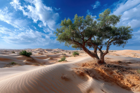 Vast desert stretches with soft dunes and a lone tree beneath a dynamic sky filled with clouds.の写真素材