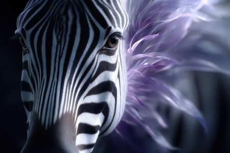 A zebra gazes intently with a striking feathered mane, blending wildlife and fantasy in a dark environment.の写真素材