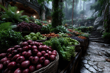 Colorful fruits and vegetables arranged in baskets under the canopy of a serene, green forest.の写真素材