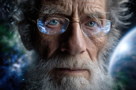 An elderly man with a long beard and glasses looks intently toward a cosmic scene filled with stars.の写真素材