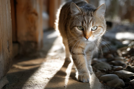 A cat strolls along a sunlit pathway, casting shadows as it passes pebbles in a natural environment.の写真素材