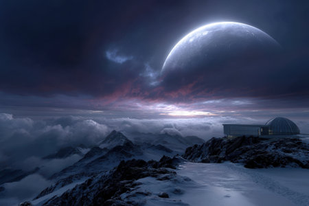 High above the clouds, an observatory captures the glowing planet and vibrant sky at twilight.の写真素材