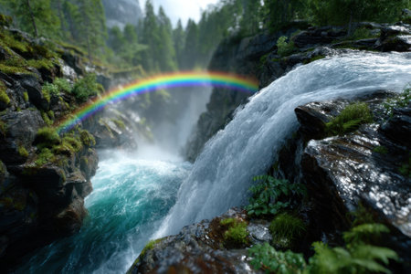 Water rushes over rugged rocks while a colorful rainbow forms in the mist of a beautiful waterfall.の写真素材