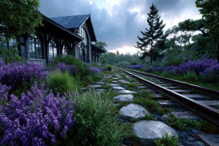 Lavender flowers flourish beside worn train tracks, leading to an old stone station amidst overcast skies.の写真素材