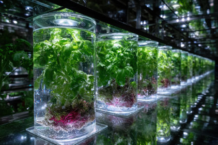 Hydroponic lettuce thriving in clear containers, showcasing innovative indoor farming methods under bright lights.の写真素材