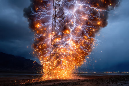 A powerful burst of electricity creates sparks and flames around a transmission tower during a thunderstorm at dusk.の写真素材