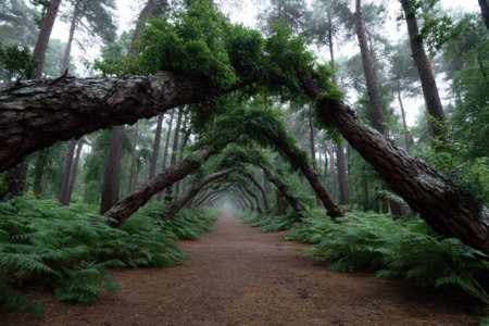 A tranquil forest pathway is lined by uniquely curved trees and vibrant ferns under a calming mist.の写真素材
