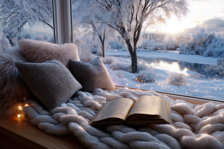 An inviting spot with plush cushions and a warm blanket, overlooking a serene snowy landscape at dawn.の写真素材