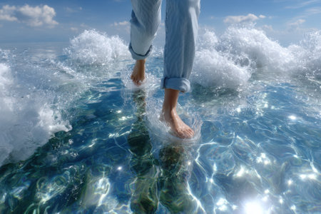 A person strolls barefoot through sparkling shallow water while waves crash around them at the seaside.の写真素材