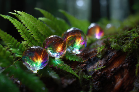 Glass orbs reflecting vibrant colors and surrounded by lush ferns in a peaceful forest during daylight.の写真素材