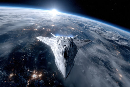 A futuristic spacecraft glides above Earth, showing its sleek design against the backdrop of dawn.の写真素材