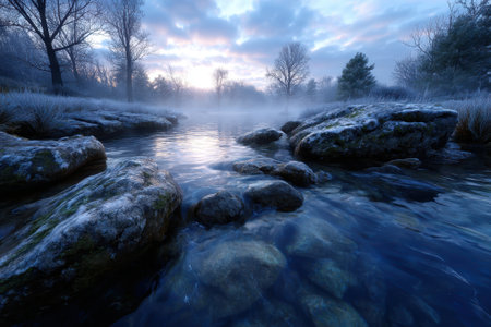 Frost blankets rocks along a serene river as mist rises in the early morning light, creating a calm atmosphere.の写真素材