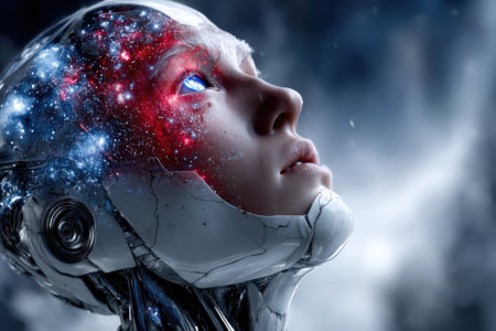 A humanoid robot with glowing features admires distant galaxies in a mystical night sky filled with stars.の写真素材