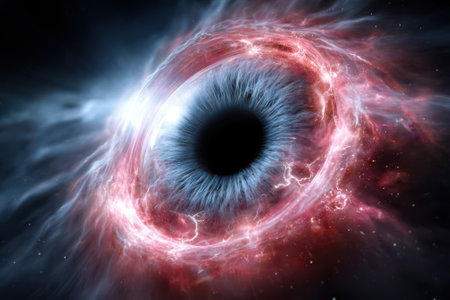 A swirling cosmic whirlpool showcases the mesmerizing colors around a black hole, evoking deep space wonders.の写真素材