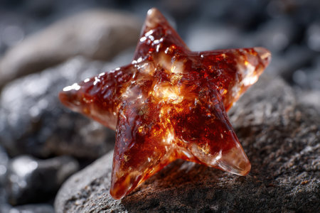 A beautifully crafted amber star shaped item sits among smooth, dark stones, reflecting light elegantly.の写真素材