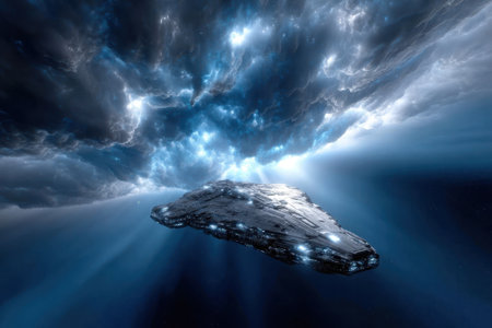A sleek spaceship glides through vibrant cosmic clouds with radiant light beams illuminating its path.の写真素材