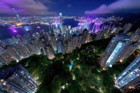 Spectacular view of Hong Kong's skyline at night featuring bright lights, tall buildings, and green surroundings.の写真素材