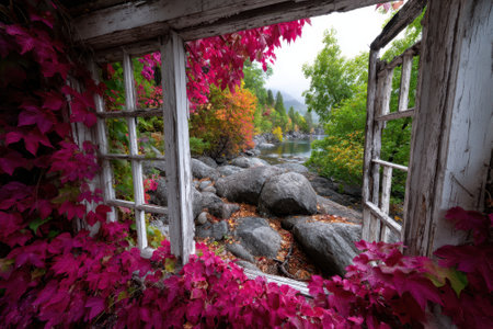 Vibrant autumn leaves frame a rustic window overlooking a calm lake, surrounded by colorful trees and rocks.の写真素材