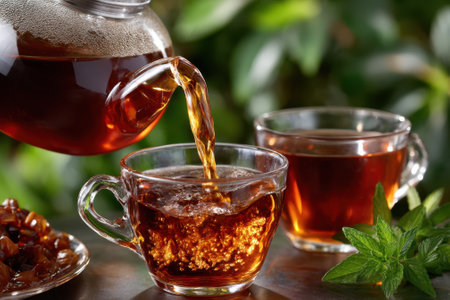 Freshly brewed tea is poured into a clear cup alongside mint leaves and dried fruit under natural light.の写真素材