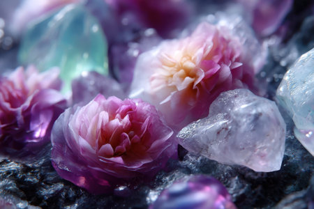 Delicate crystal flowers in shades of pink and purple are beautifully arranged with various polished stones.の写真素材